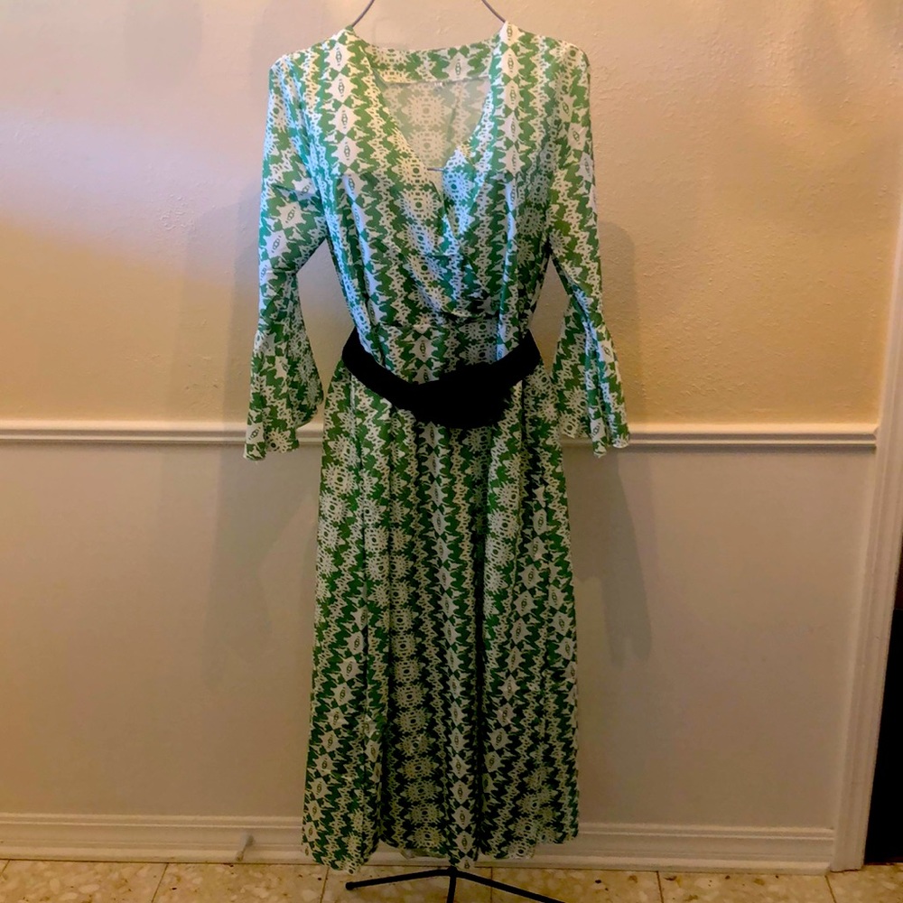 Green and white printed dress